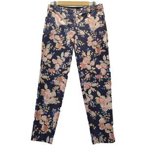 Talbots Womens Sz 8 Flat Front Cropped Stretch Pants Blue Rose Floral Flowercore